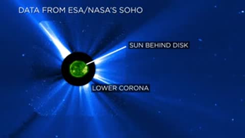 Blue space imagery of the sun behind an occulting disk showing coronal activity