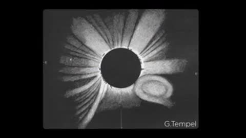 Historical black and white drawing of a solar eclipse corona by G. Tempel