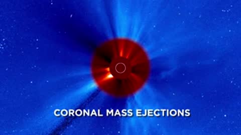 Coronal mass ejections animation with red and blue sun and solar wind
