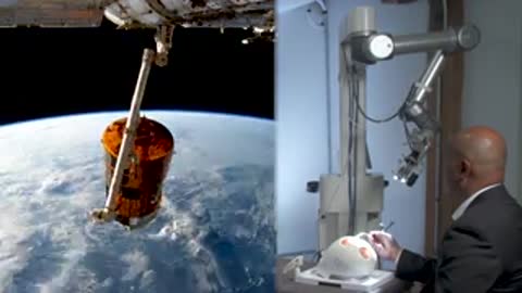 Robotic arm maneuvering object in space.