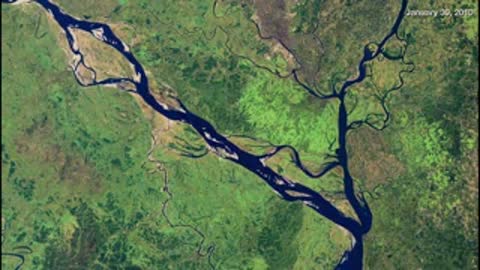 Satellite imagery of river delta.