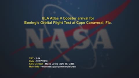 Title card for NASA video about ULA Atlas V booster arrival.