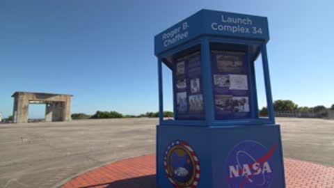 Outdoor information kiosk with NASA logo at Launch Complex 34