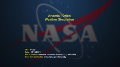 NASA title card with mission name Artemis I Orion Weather Simulation and contact information.