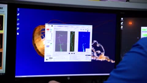Close-up of a computer monitor displaying graphical data interfaces and a 3D model.