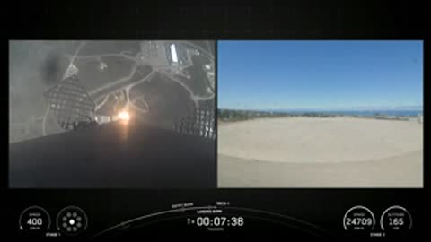 Split screen showing a component tumbling and the launch site below.