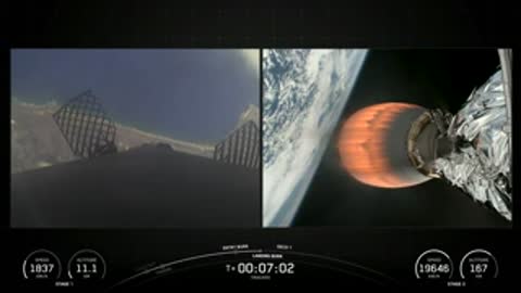 Split screen showing a detached part falling and rocket exhaust nozzle.