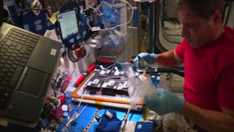 An astronaut wearing blue gloves handles plastic bags and components in the station.