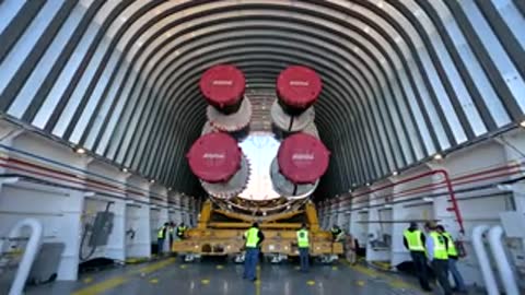 static medium shot of the SLS rocket stage inside the barge cargo bay