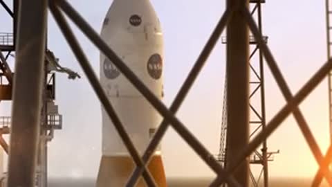 Medium animation of the rocket rising through the launch tower framework, period details.