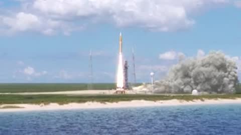 Wide animation of the rocket lifting off and clearing the launch site, period details.