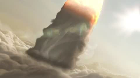 Wide animation of the rocket passing through thick clouds, period details.