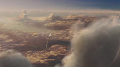 Wide animation of the rocket arching over the horizon into the upper atmosphere, period details.