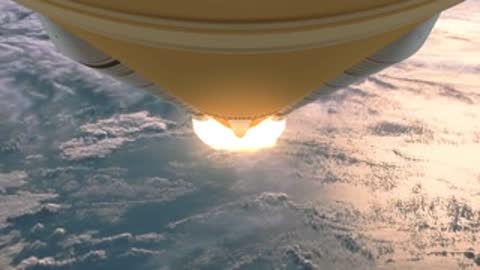 Close-up animation of the rocket base firing above the curving Earth, period details.