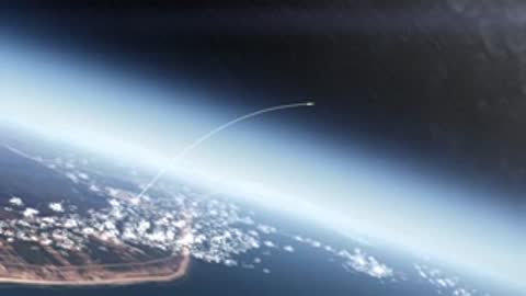 Wide animation of the rocket's arc over the Earth's curved horizon, period details.