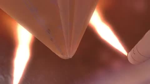 Close-up animation of thrusters firing during stage separation in space, period details.