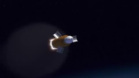 Wide animation of a rocket module separating and firing in orbit, period details.