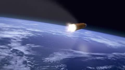 Wide animation of the rocket firing its engines in deep space, period details.