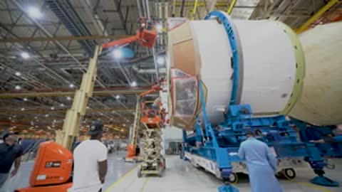 Workers and equipment near the end section of a large rocket component.