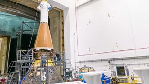 Close-up view of the Orion spacecraft during assembly operations.