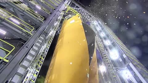 Upward tilt alongside Artemis I Liquid Oxygen Tank Structural Test Article under pressure test.
