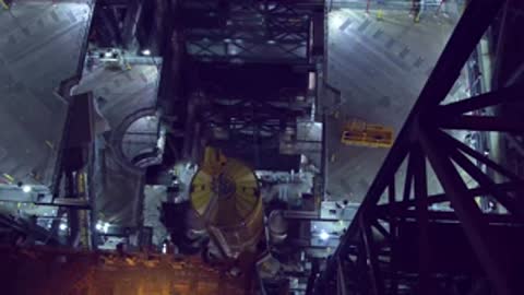Low-angle view of the large orange rocket stage being guided into position by a crane.