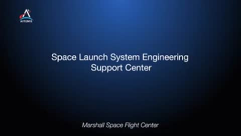 A blue title card for the Space Launch System Engineering Support Center.
