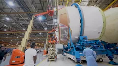 workers gathered around large cylindrical aerospace component on transport equipment in factory