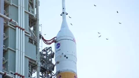 Medium shot of upper rocket section with umbilical arms attached.