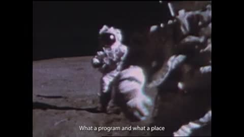 Archival footage of an astronaut walking on the moon's surface.
