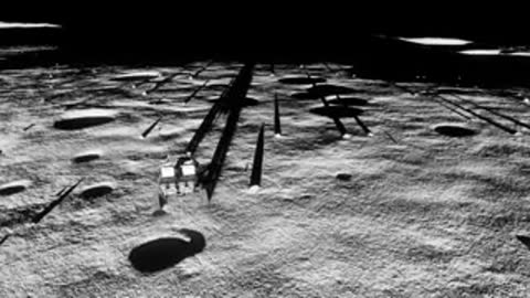 Lunar surface with long shadows and equipment.