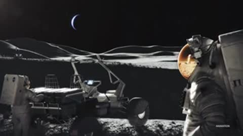 Astronaut by lunar rover with Earth visible in dark sky.