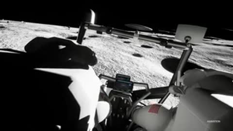 POV from lunar rover driving across cratered moon surface.