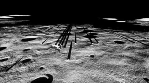 Wide grayscale animation of lunar surface with long shadows.