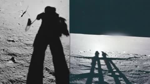 Silhouette of astronaut with raised tool on moon surface.