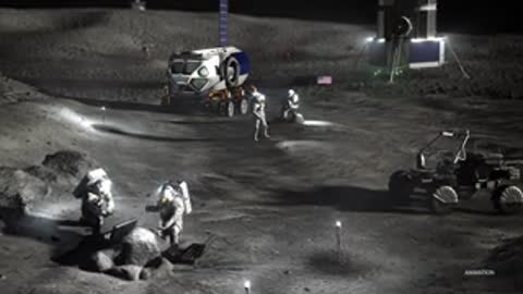 Astronauts working near lunar module and rover on moon surface.