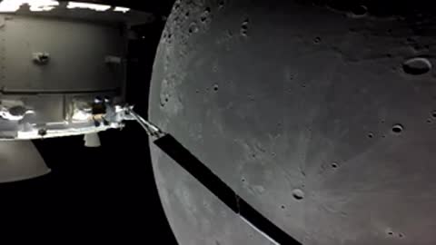 Robotic arm of spacecraft pointing toward cratered lunar surface.