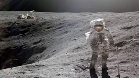 Astronaut walking across barren lunar landscape toward distant rover.