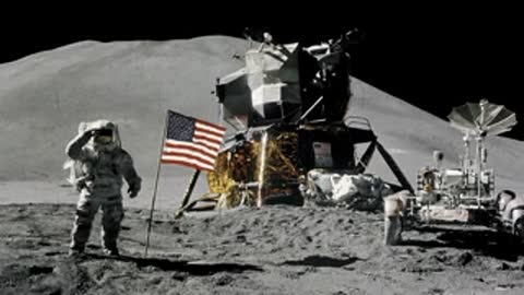 Astronaut saluting American flag near lunar lander on moon surface.