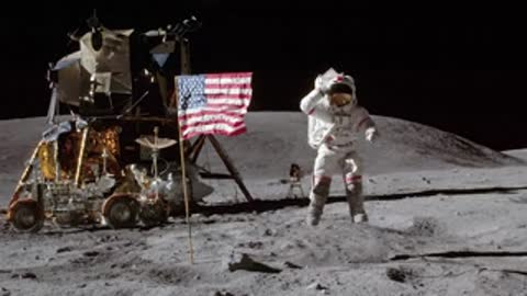Apollo 16 lunar module and astronaut saluting flag on moon