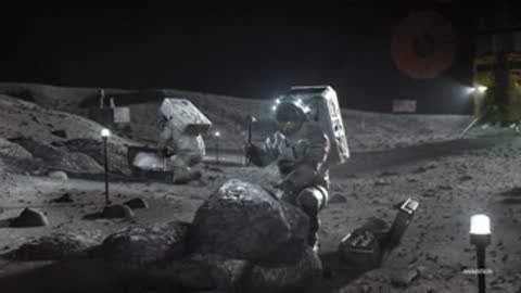 An astronaut in a spacesuit explores a rocky lunar surface near a habitat module.