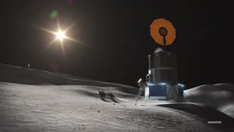 A stationary lander module stands on the lunar surface under bright sunlight.