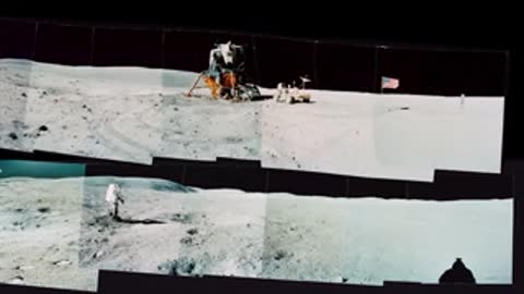 NASA Apollo mission panorama and astronaut walking on lunar soil