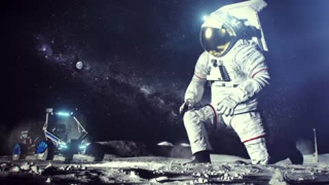 An astronaut in a spacesuit kneels on the moon with a rover in the background.