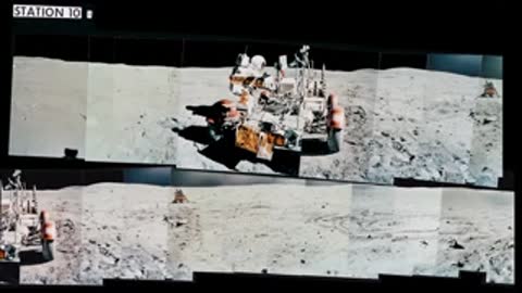 NASA rover vehicle parked on lunar soil panorama