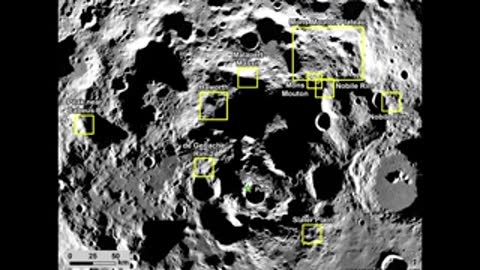 A top-down map of the moon's south pole with yellow highlighted landing candidate regions.