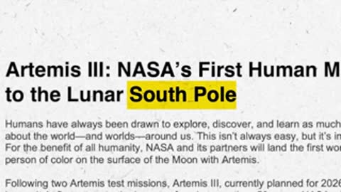 Text slide announcing Artemis III human mission to lunar south pole