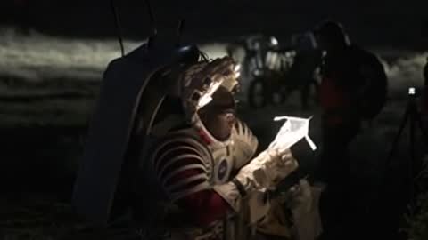 Astronaut in red and white spacesuit holds glowing geometric tool outdoors at night.