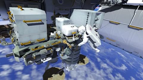 Astronaut working on equipment rack on ISS
