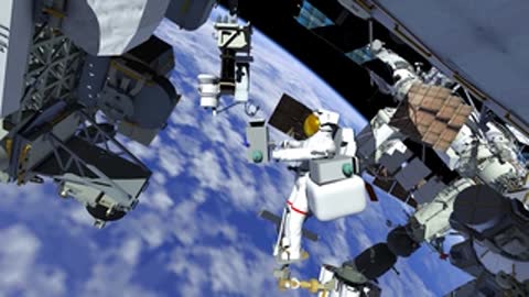 Astronaut handling tool near ISS equipment